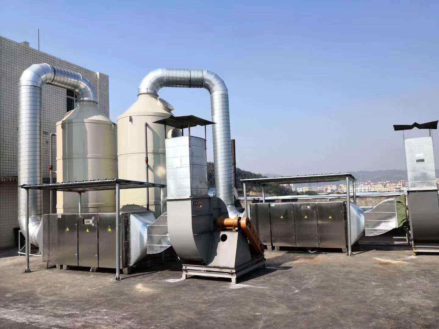 汽車部件加工企業噴漆房：活性炭吸附塔與水幕除塵器相結合